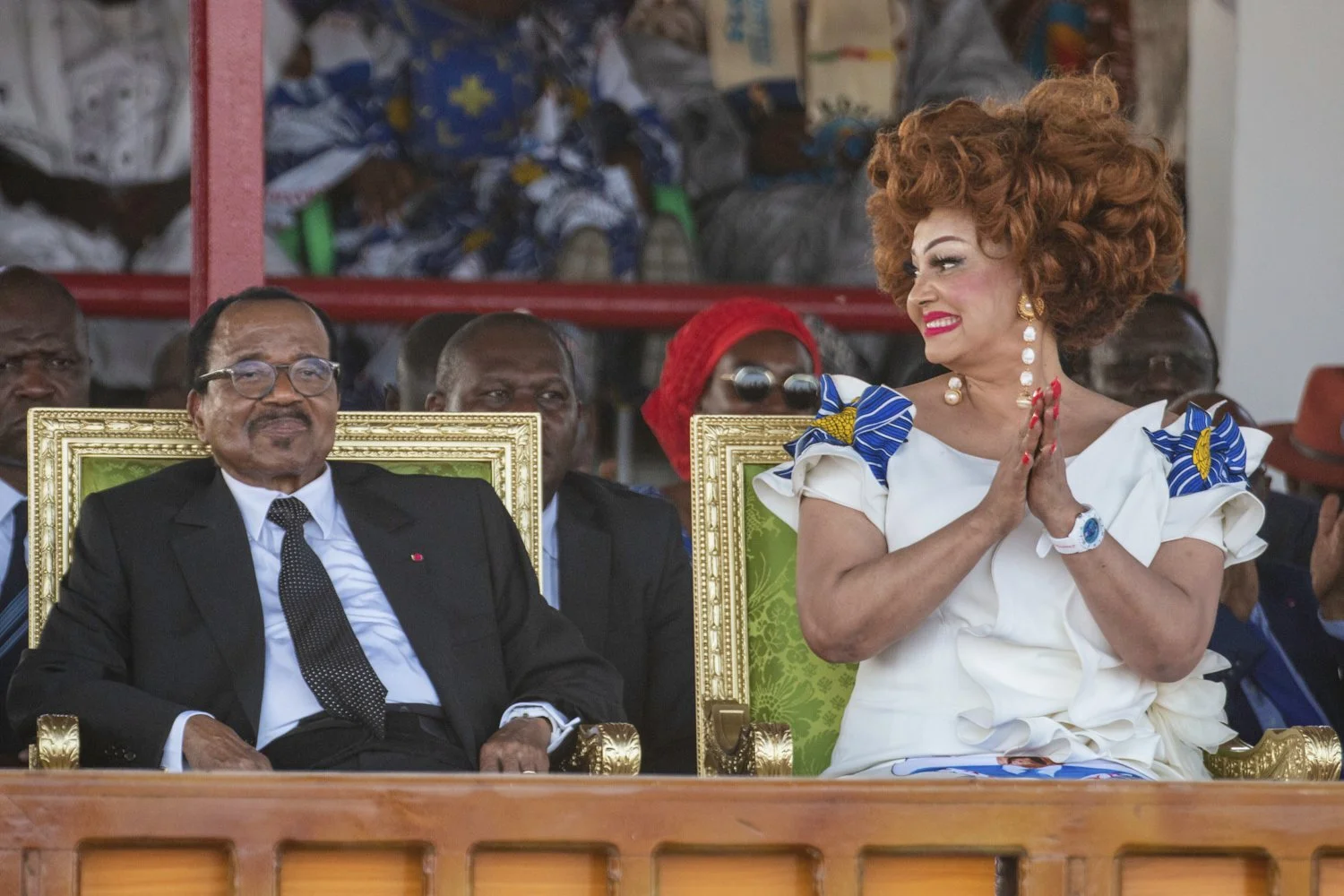  Cameroon's President Paul Biya and first lady Chantal Biya attend a political rally at Lamido Yaya Dairou Stadium in Maroua, Cameroon, Oct. 7, 2025. (AP Photo/Welba Yamo Pascal) 