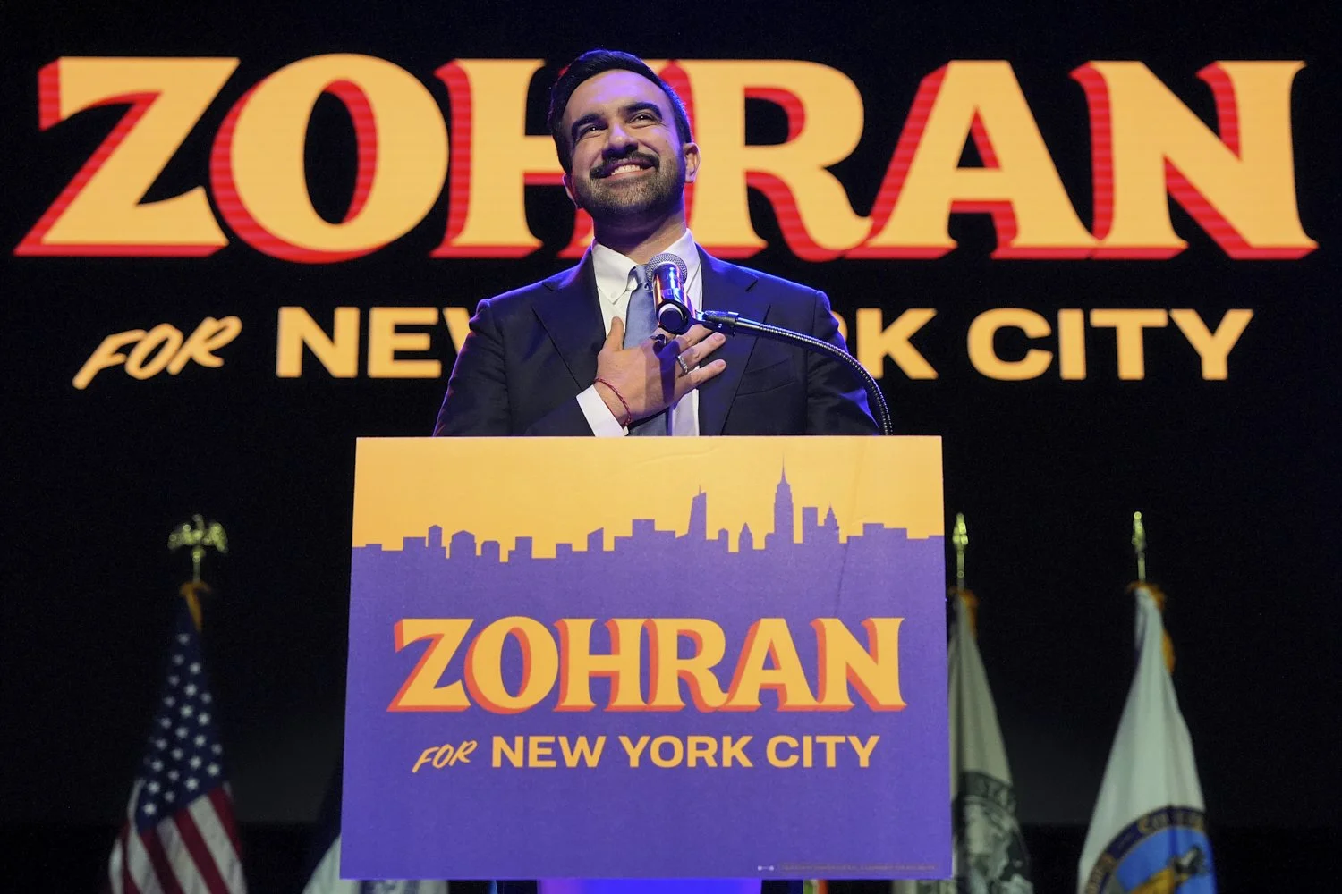  Zohran Mamdani speaks during a victory speech at a mayoral election night watch party, Tuesday, Nov. 4, 2025, in New York. (AP Photo/Yuki Iwamura) 