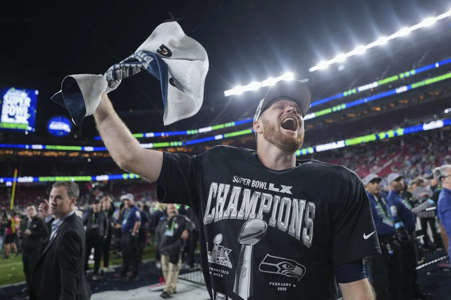  Seattle Seahawks quarterback Sam Darnold celebrates his team's Super Bowl LX victory over the New England Patriots in Santa Clara, Calif. Feb. 8, 2026. (AP Photo/Matt Slocum) 