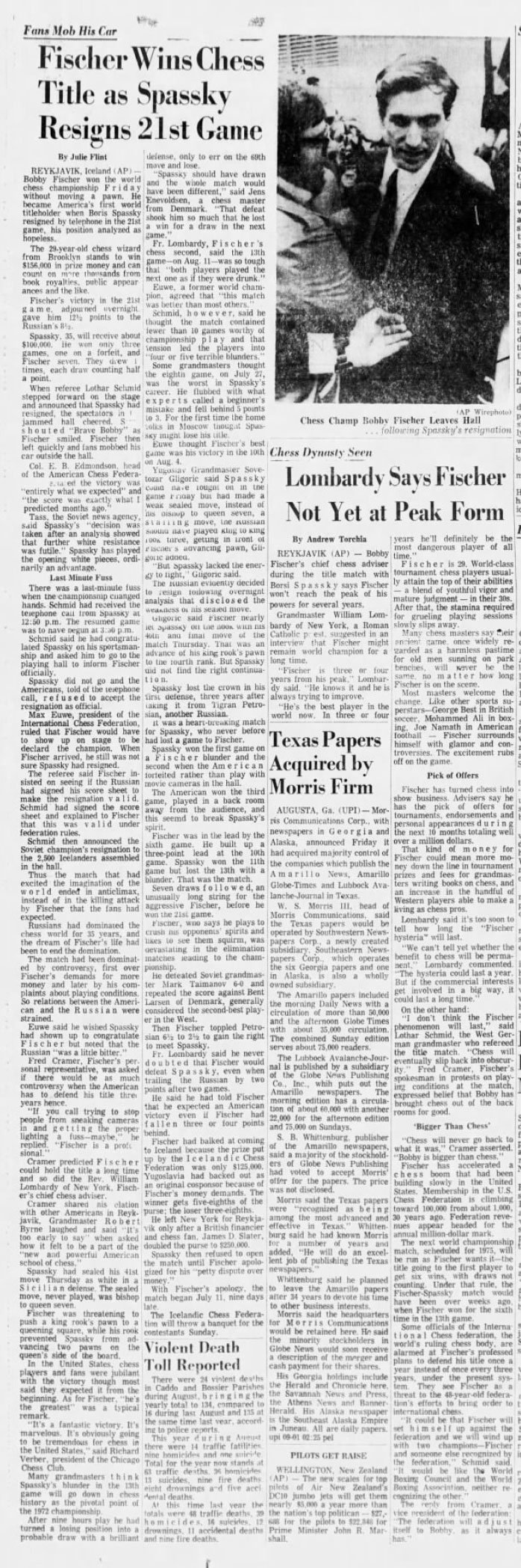 On this day in 1972, Bobby Fischer defeated Boris Spassky 12½-8½ in  Reykjavík to become the 11th world chess champion. : r/chess