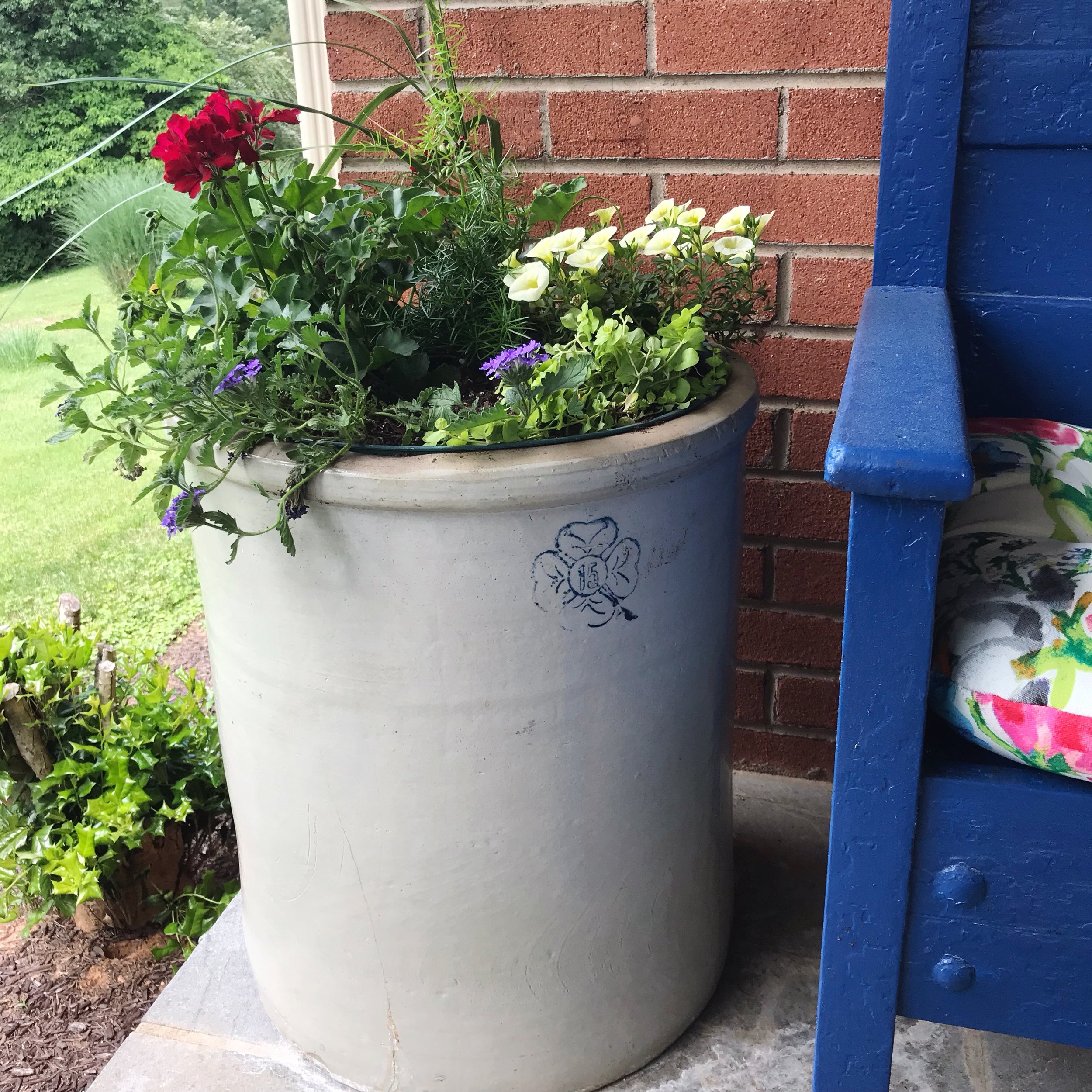 crock-planter-repurposed-bench-blue