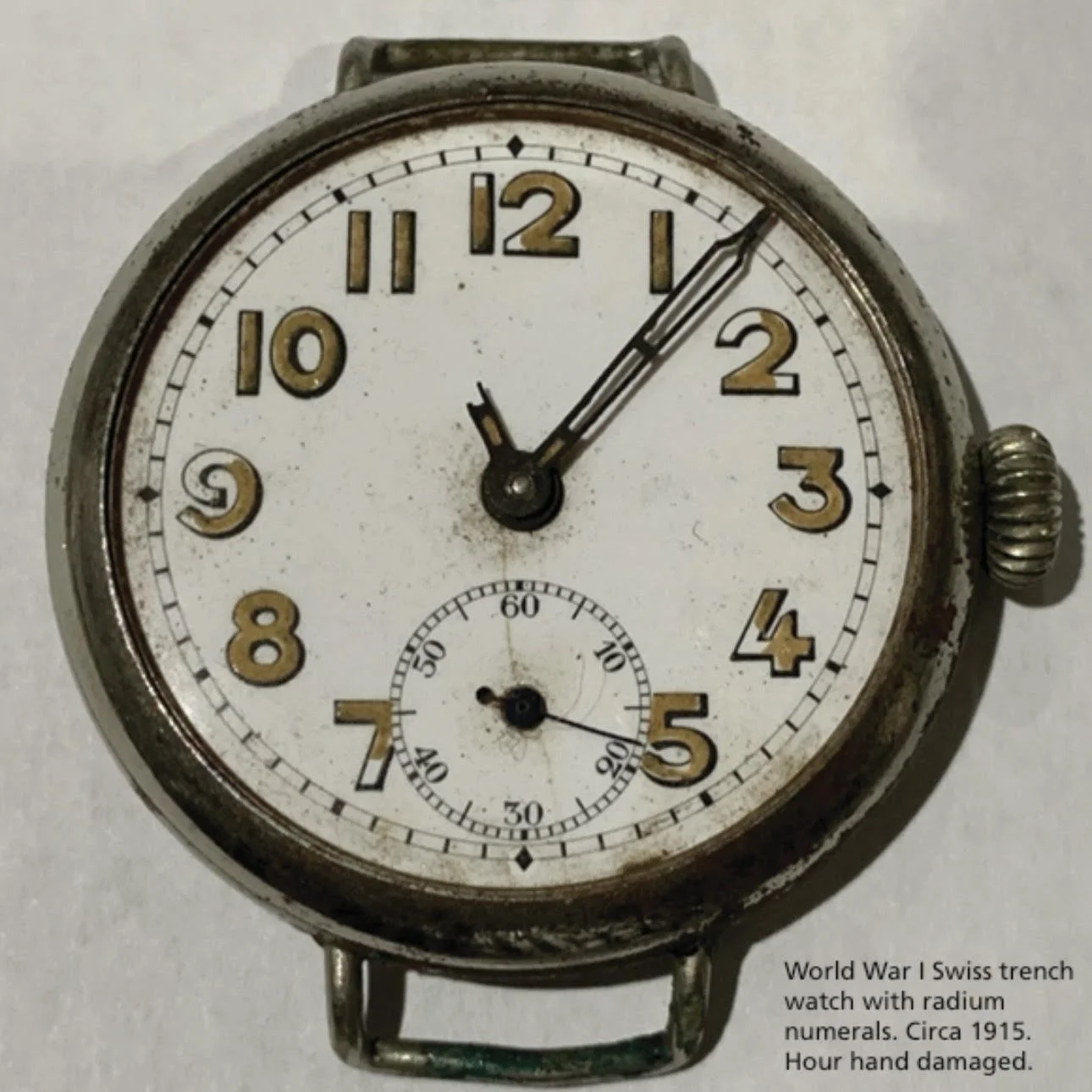 WWI Swiss trench watch with radium numerals. Circa 1915. Hour hand damaged.