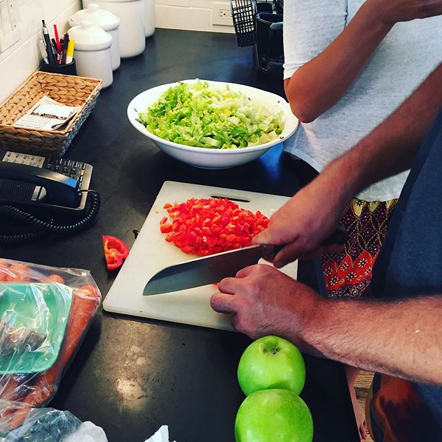 Hard at work preparing our kale and romaine salad. Full recipe coming soon on olivianapoli.com. Link in profile. #kale #romaine #greenapples #peppers #healthy #salad #healthysalads