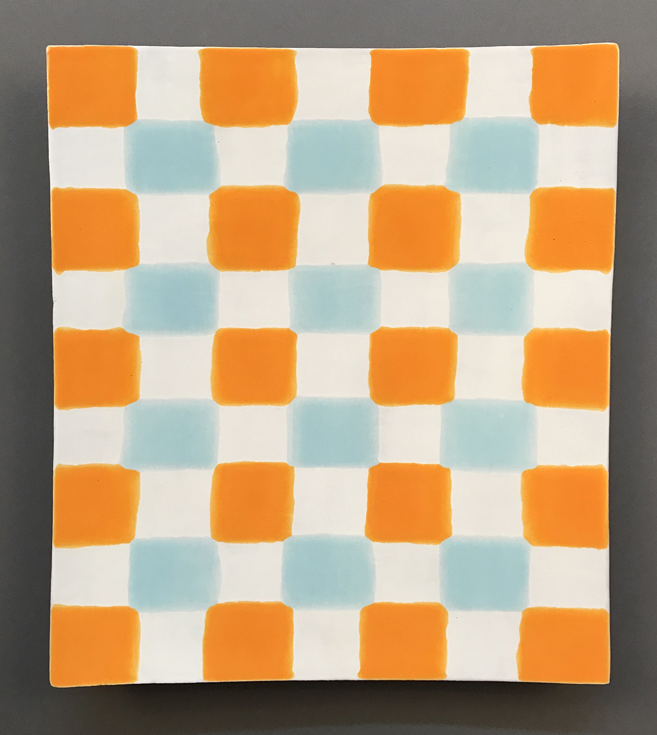 Two Color Check Majolica Platter, 2019, terra cotta, 14 x 11.5 inches