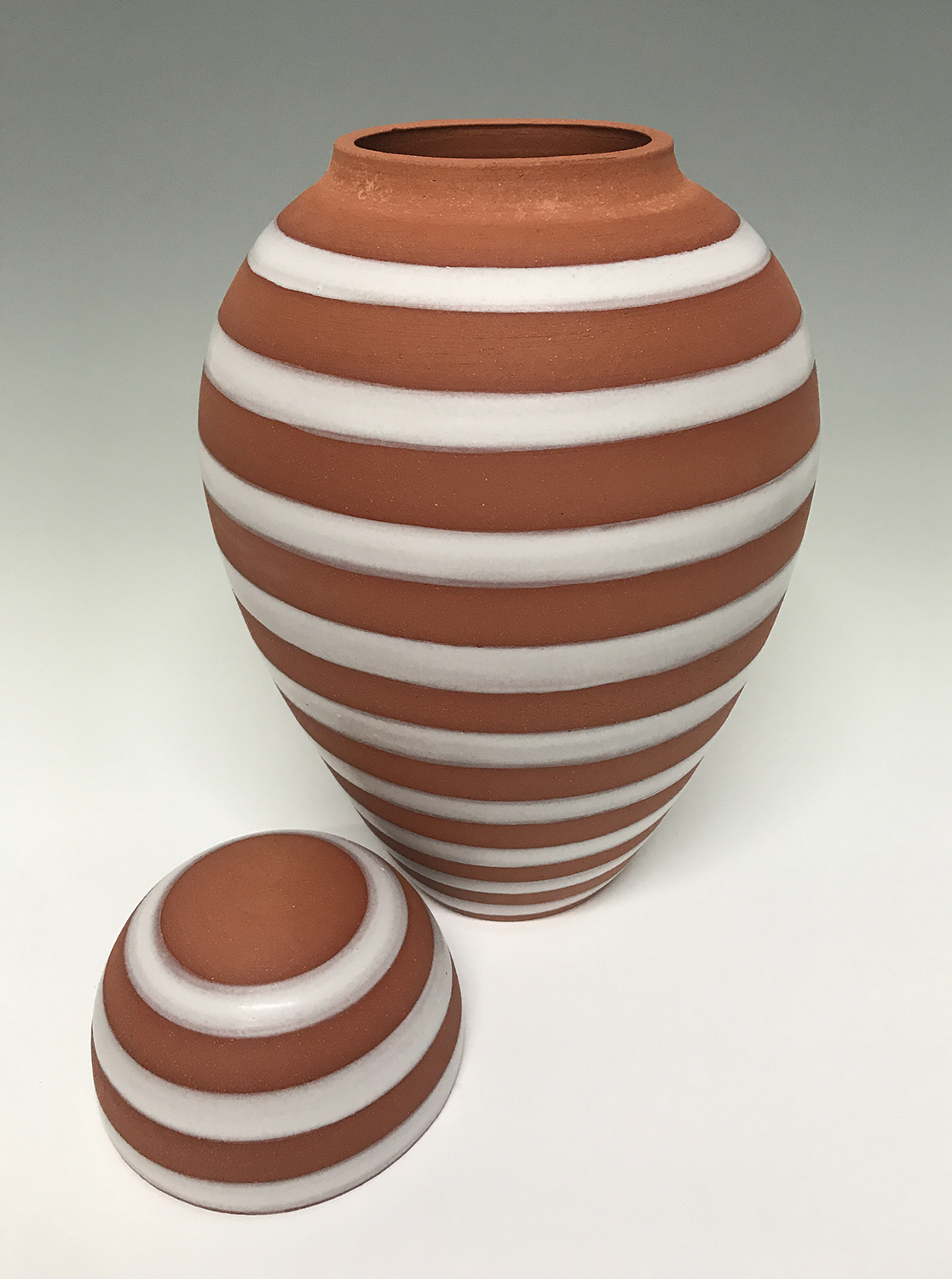 Urn with Stonehenge Glaze, 2019, terra cotta, 8.5 x 8.5 x 14 inches