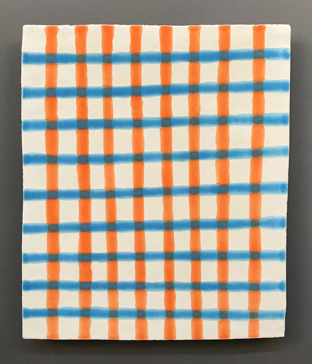 Two Color Grid Majolica Platter, 2019, terra cotta, 14 x 11.5 inches