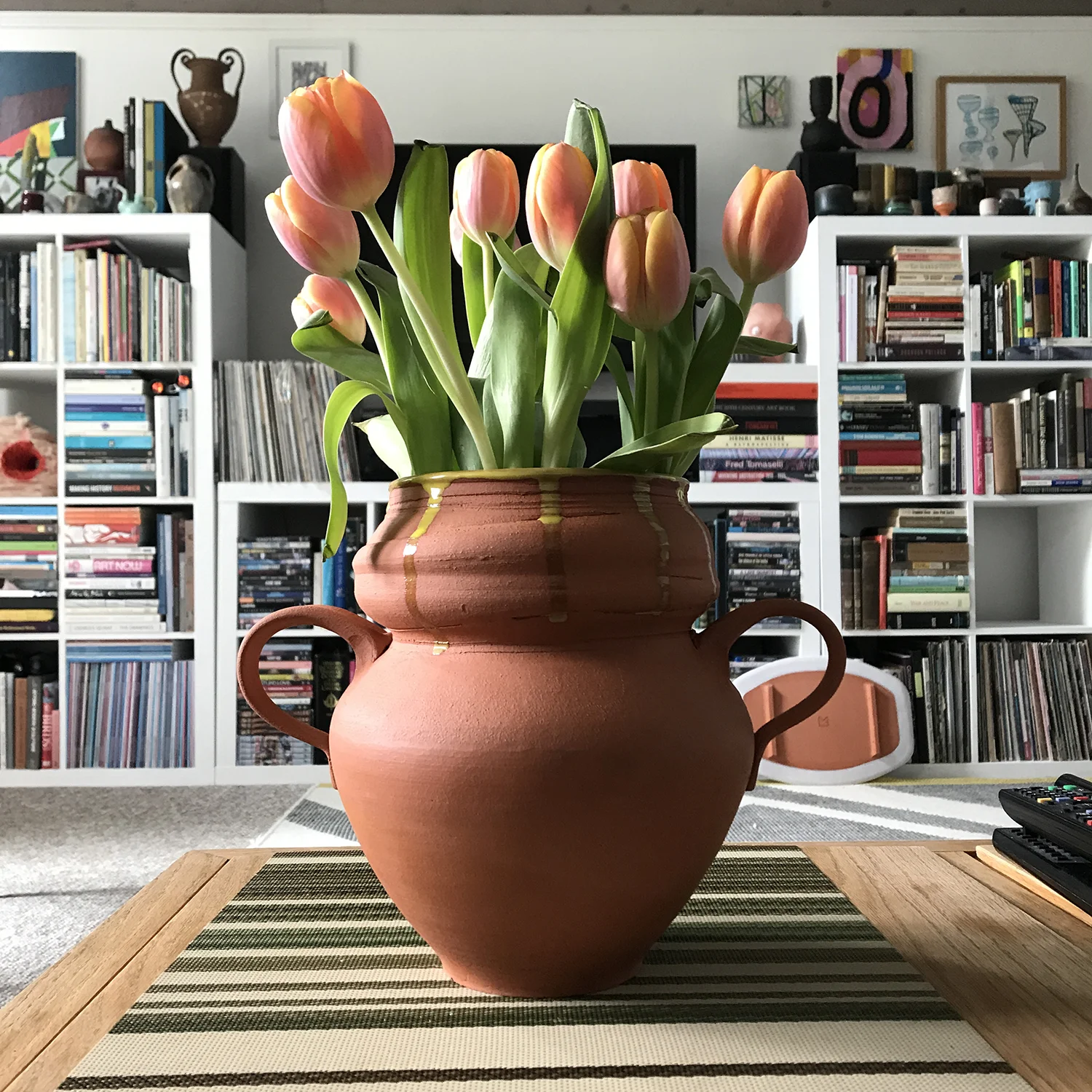 Yellow Lined Terra Cotta Vase, 2019, 9.5 x 7 x 10 inches