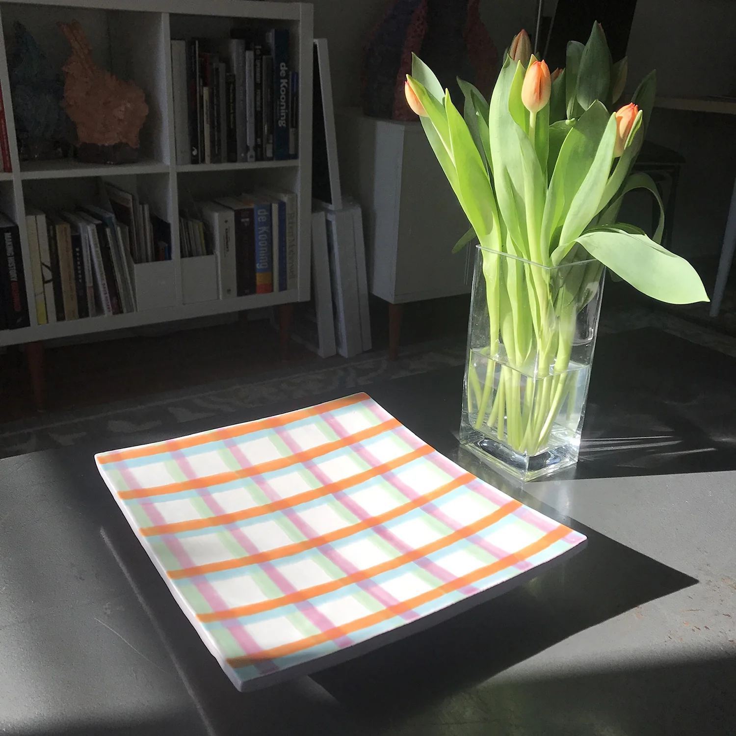 Four Color Grid Majolica Platter, 2019, terra cotta, 14 x 11.5 inches