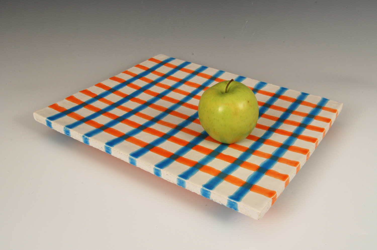 Two Color Grid Majolica Platter, 2019, terra cotta, 14 x 11.5 inches