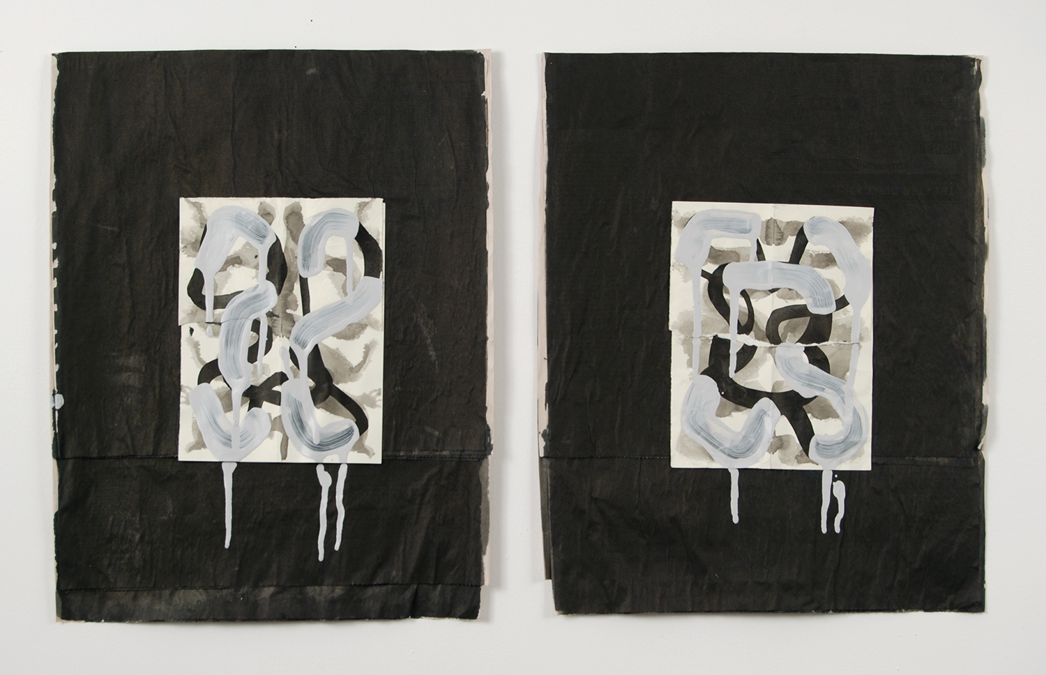 New York Times Aufhocker (diptych) p1721 and p1722, 2018, ink, acrylic, and collage on newsprint, 15.25 x 12 inches each