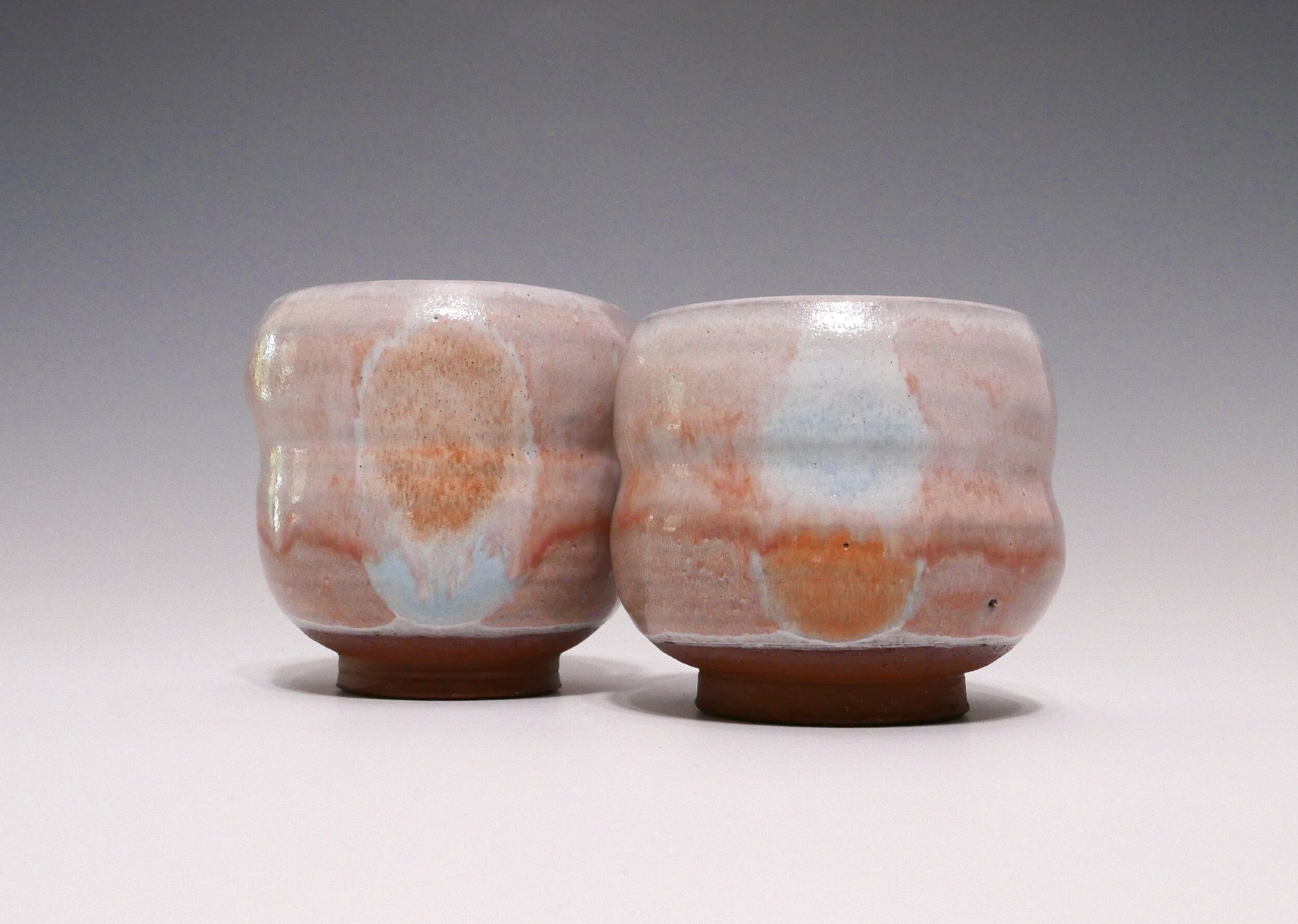 Sun and Moon Majolica Meoto Yunomi Set, glazed terra cotta, approximately 3.5 x 3.25 x 3.25 inches each,