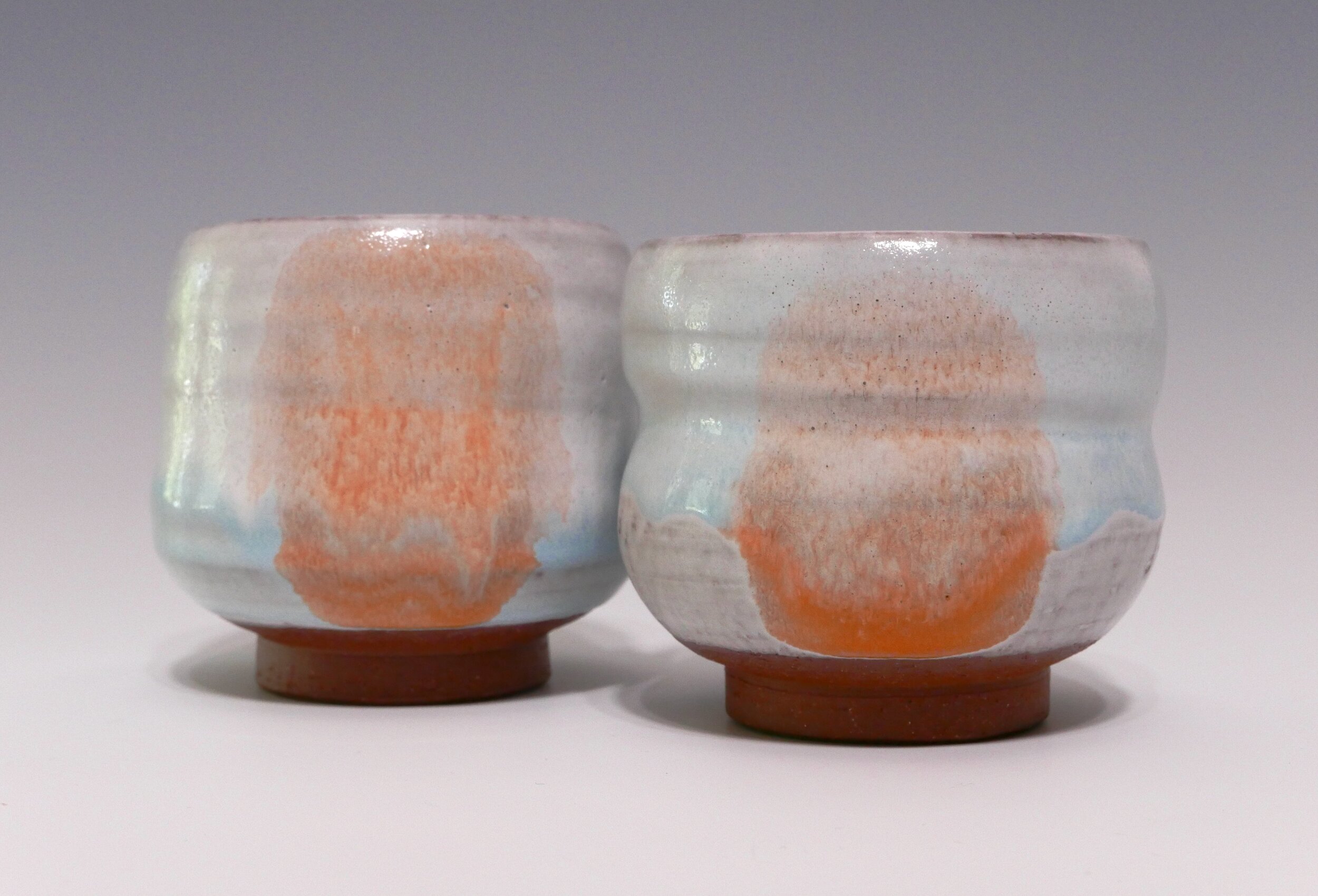 Sunrise Majolica Meoto Yunomi Set, glazed terra cotta, approximately 3.5 x 3.25 x 3.25 inches each