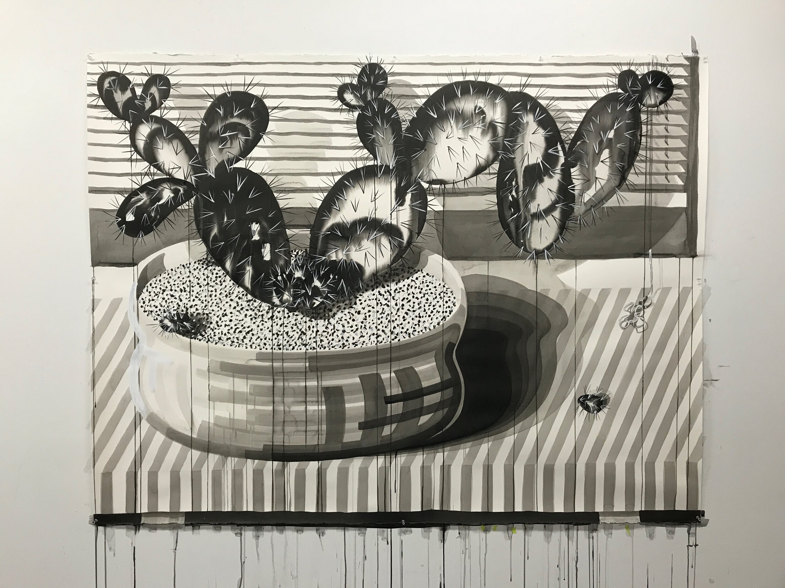 Untitled (memory of a cactus rehearsing an act), 2018, ink, flashe, and collage on paper, 51 x 68 inches