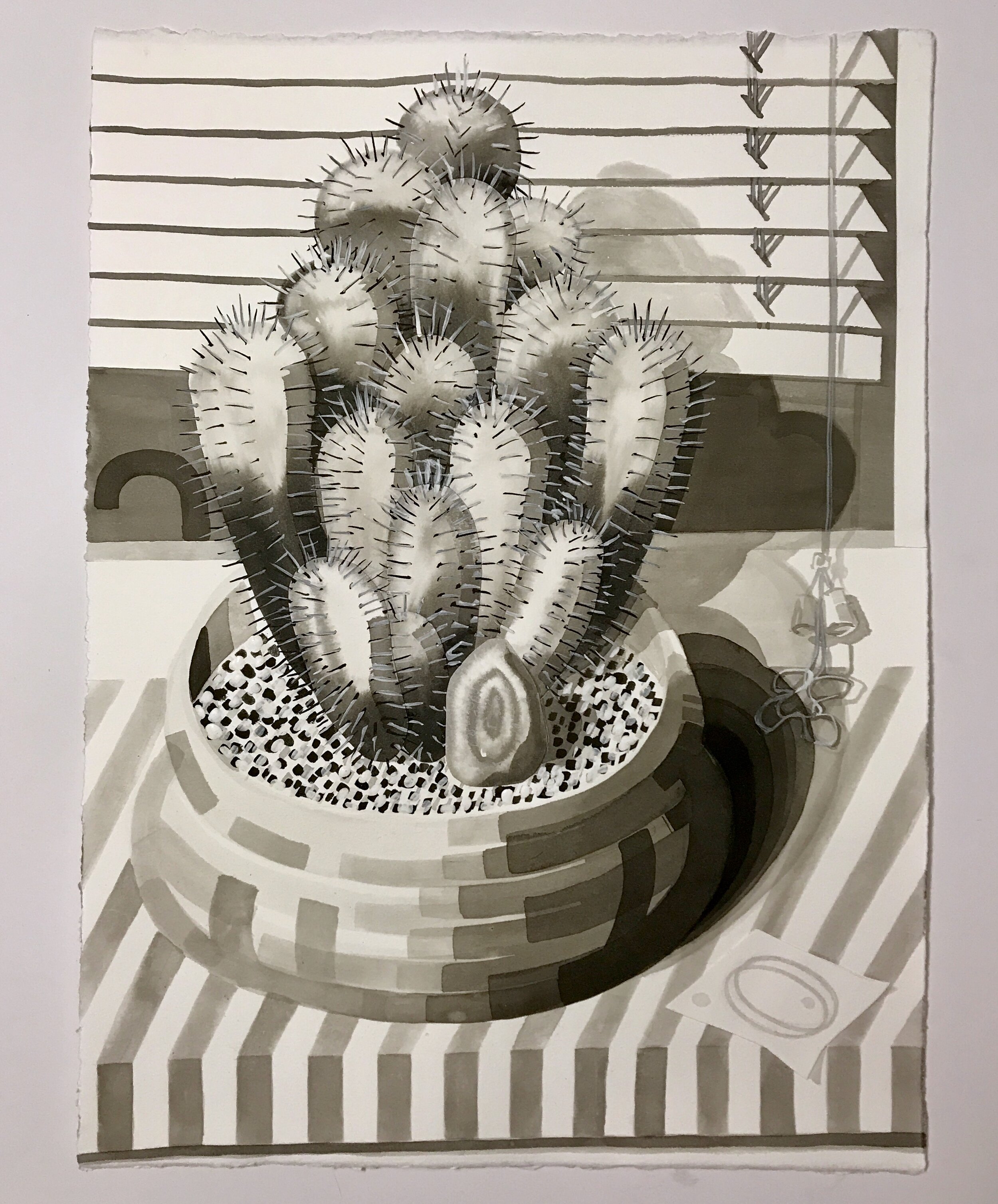 Untitled (memory of a cactus and a sacred stone on the verge), 2018, ink, gesso, and collage on paper, 22 x 16.5 inches