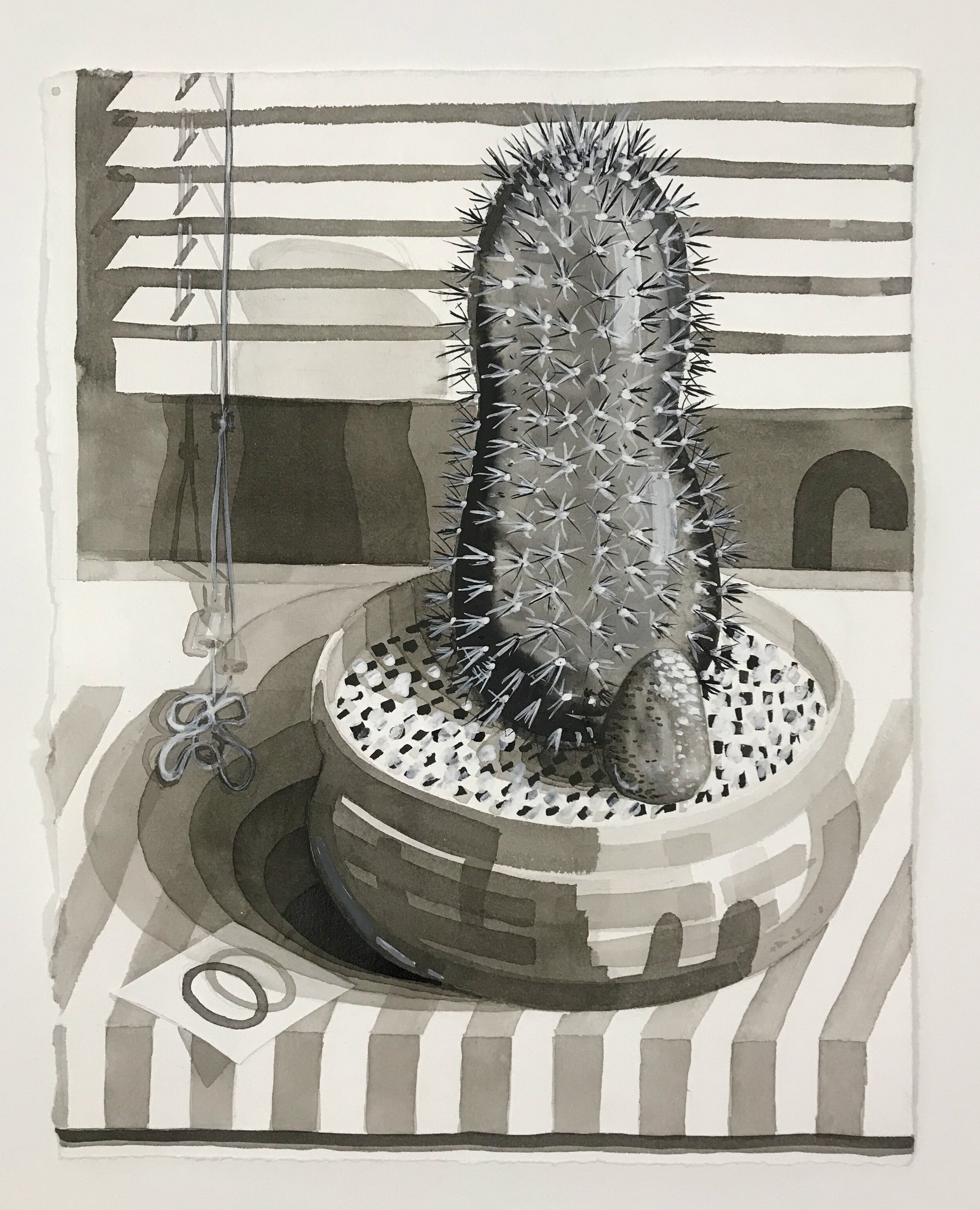 Untitled (memory of a cactus and a rock looking at art while in peril), 2018, ink, gouache, and collage on paper, 14.25 x 11.25 inches