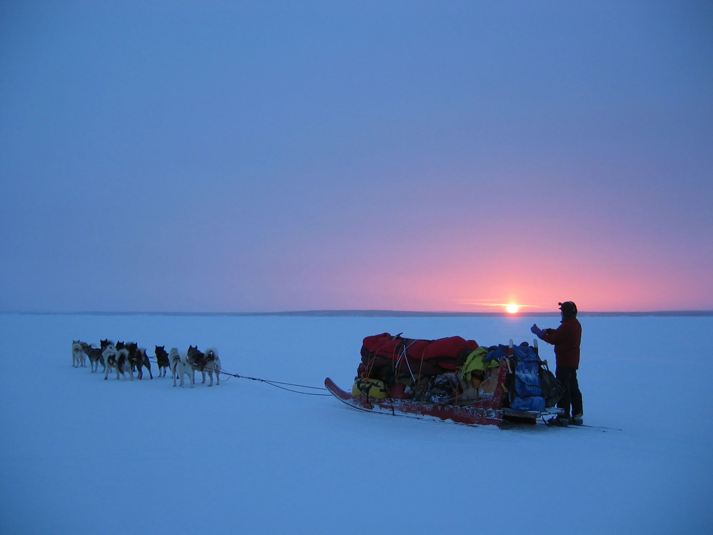 The sled dog team heads out at Sunrise on another Go North! exploratory day.