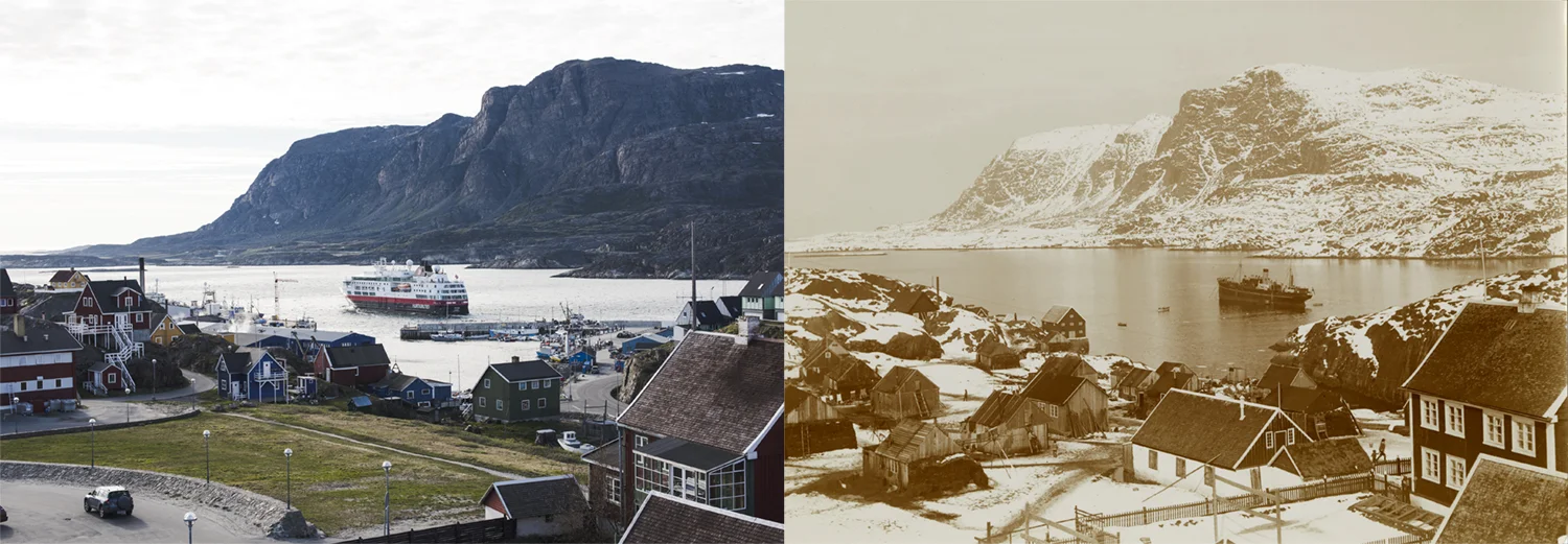 Sisimiut Harbor, Greenland, as photographed by Denis Defibaugh, left, and Rockwell Kent in the 1930s (courtesy Plattsburgh State Art Museum, SUNY Plattsburgh, USA, Rockwell Kent Collection, bequest of Sally Kent Gorton. All rights reserved.).