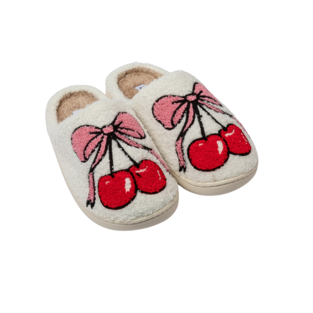 Cherry Bow Fuzzy Slippers