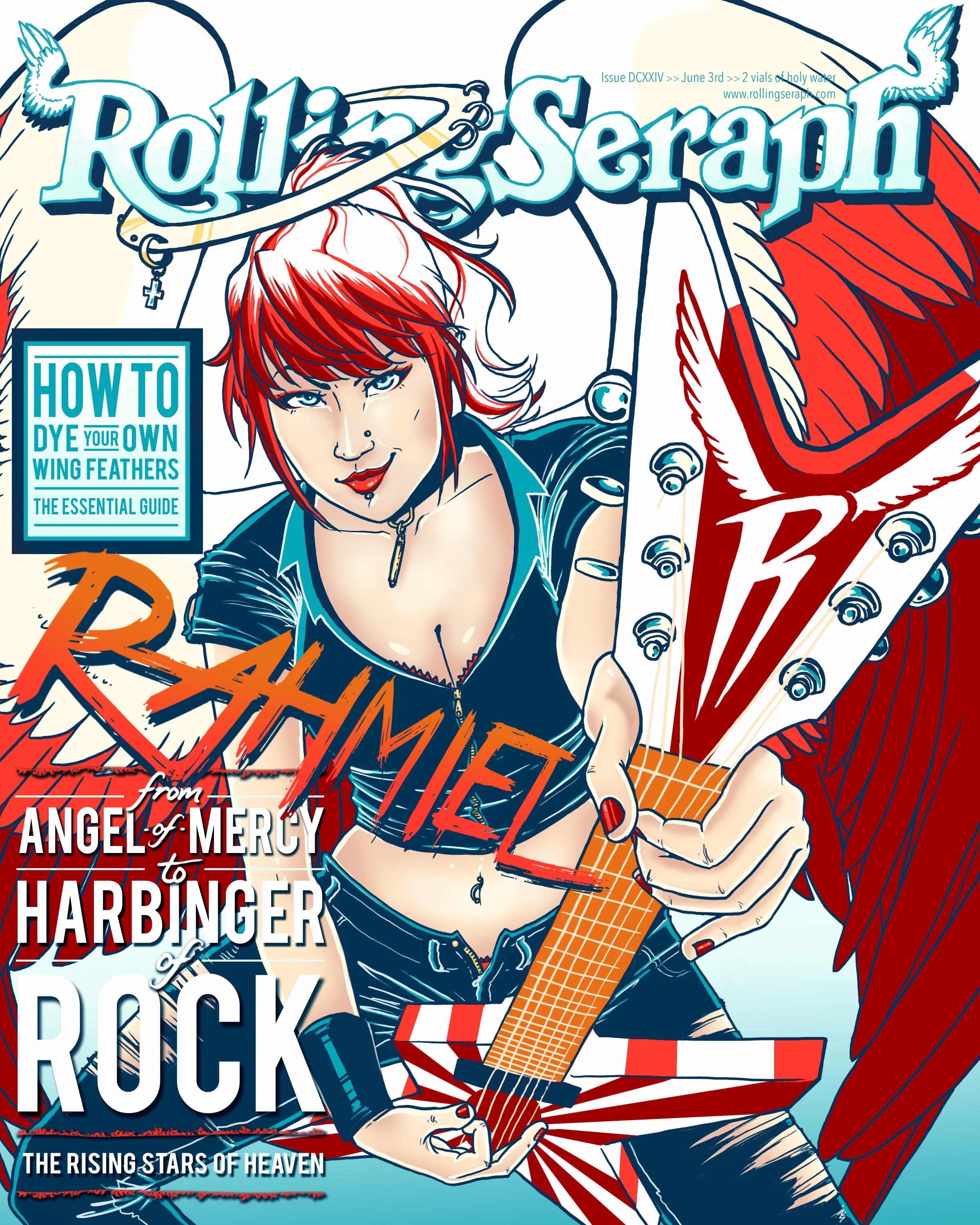 Rolling Seraph Magazine Digital, May 2015 An imaginative parody magazine with a hand-lettered header. Angels' wings should be red.