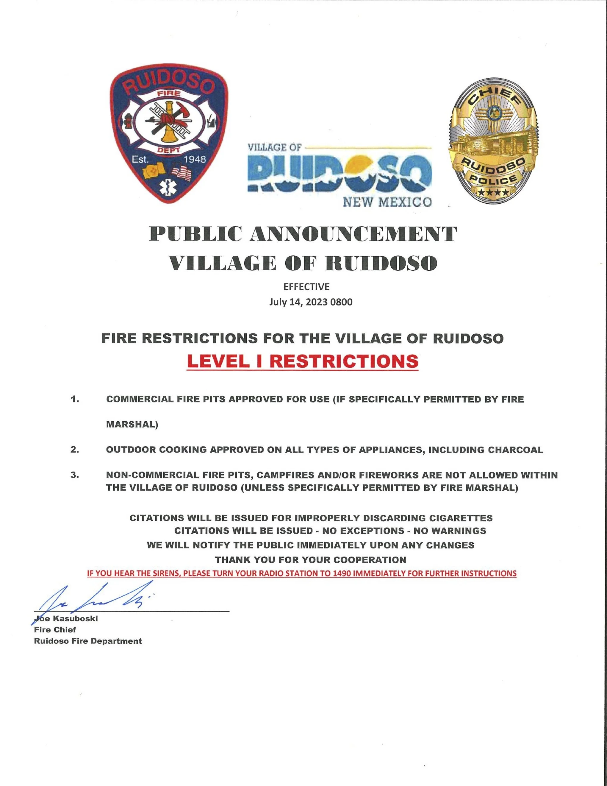 Village of Ruidoso Returns to Level 1 Fire Restrictions — RuidosoNM