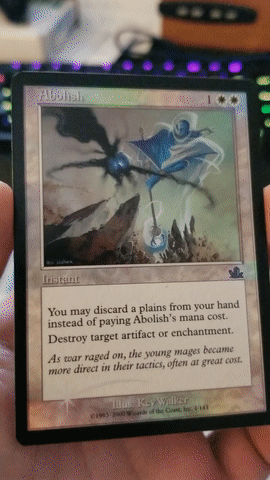 The underprinting on this Abolish only lets the foil show through in 3 horizontal stripes on the top, middle, and bottom of the card.