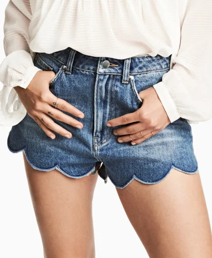 Denim Scalloped-hem Shorts - $24.99, H&M (100% cotton)