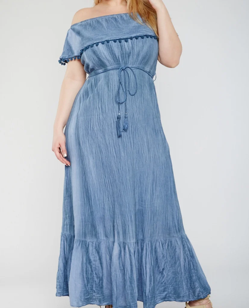 Off the Shoulder Maxi Dress with Pom Pom Trim - $19.99 Rainbow