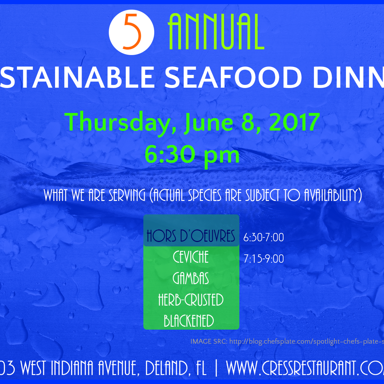 5th Annual Sustainable Multi-Course Seafood Dinner at Cress Restaurant in Deland- June 8 @ 6:30pm