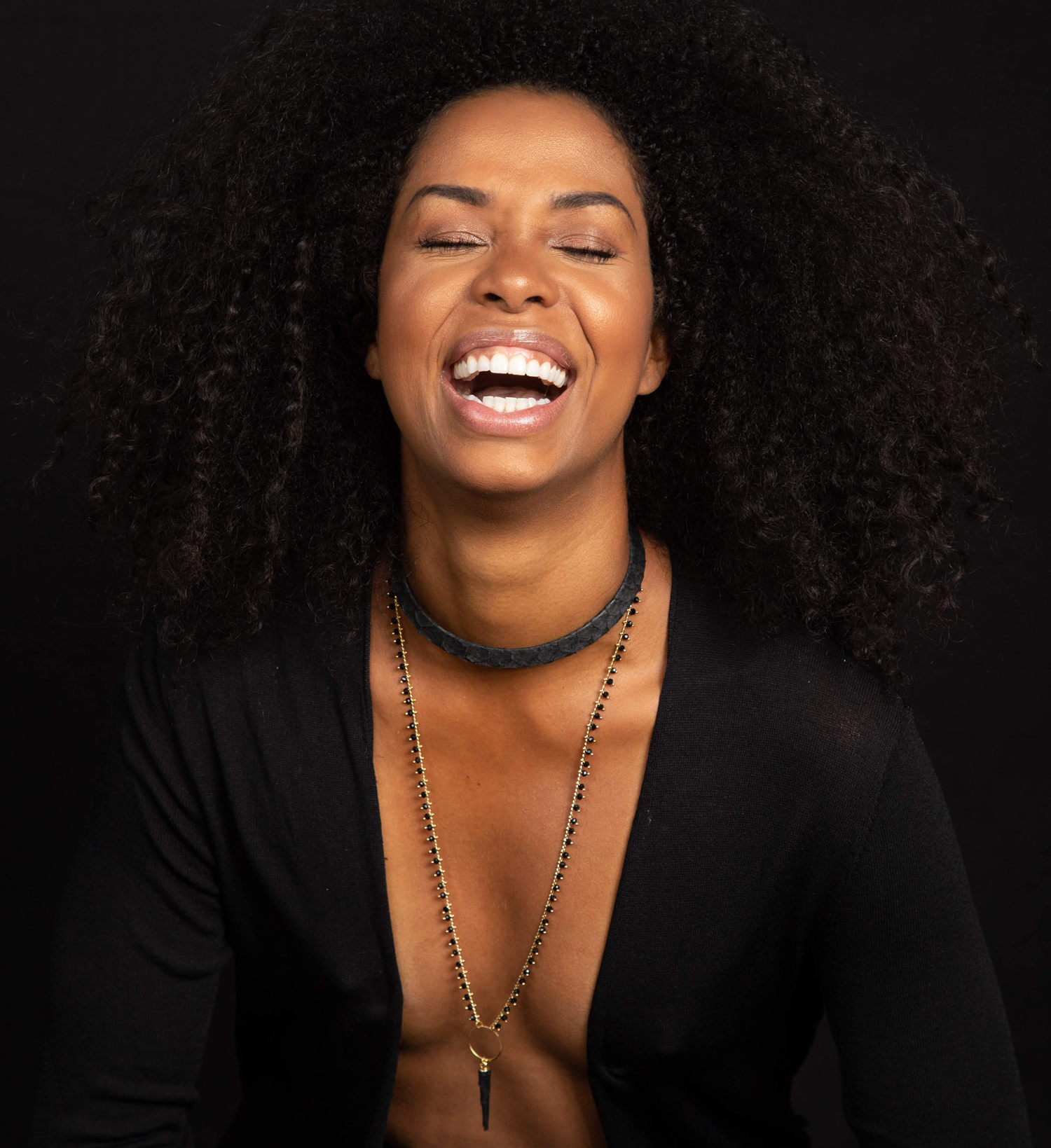 Black crystal necklace with tilapia suede pendent
