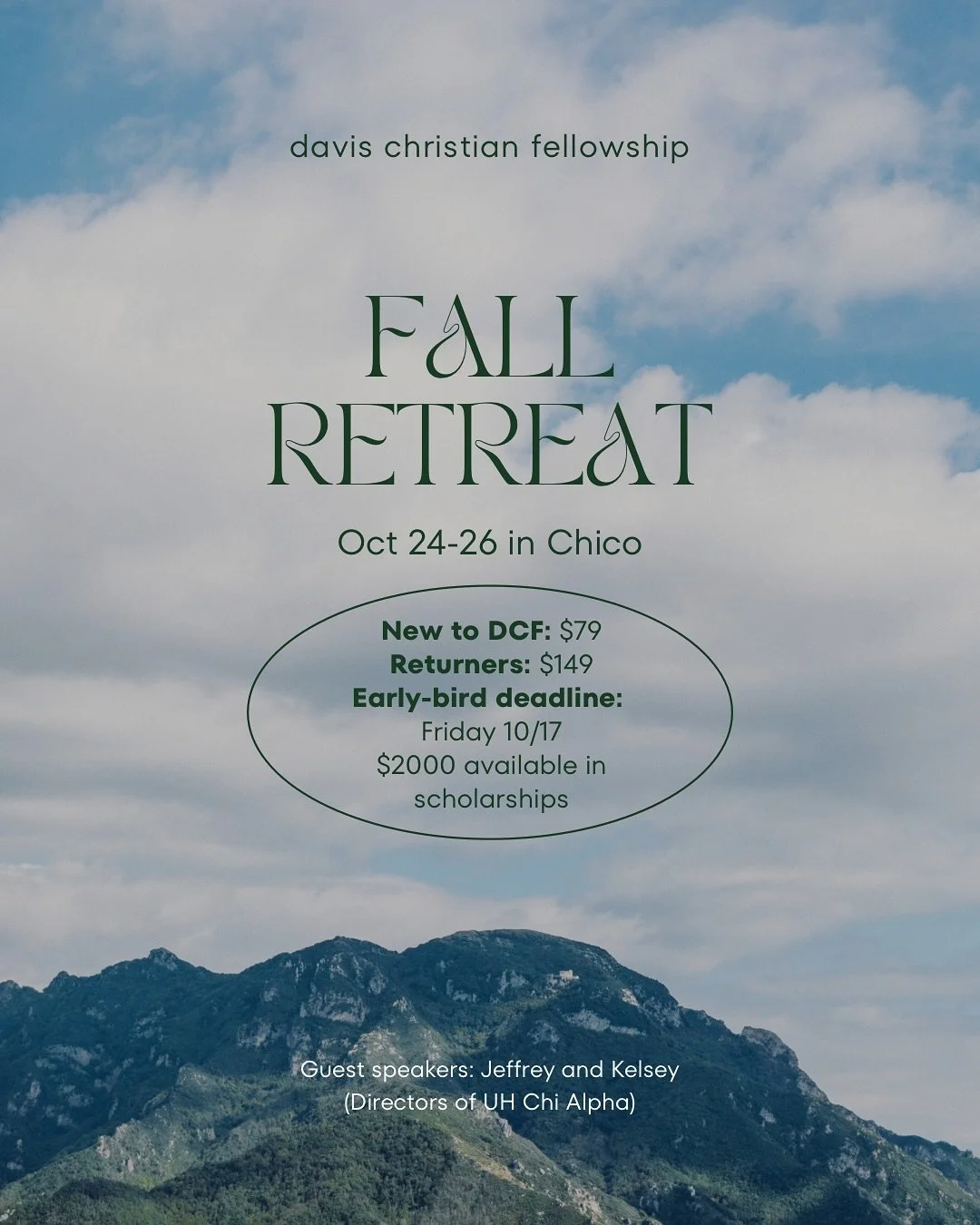 Come join us for our annual FALL RETREAT! 
We&rsquo;re heading to YWAM Chico again for an incredible weekend together. 

Our good friends, Jeff and Kelsey, are our guest speakers! They&rsquo;re the directors at @chialpha_hawaii and we&rsquo;re stoked