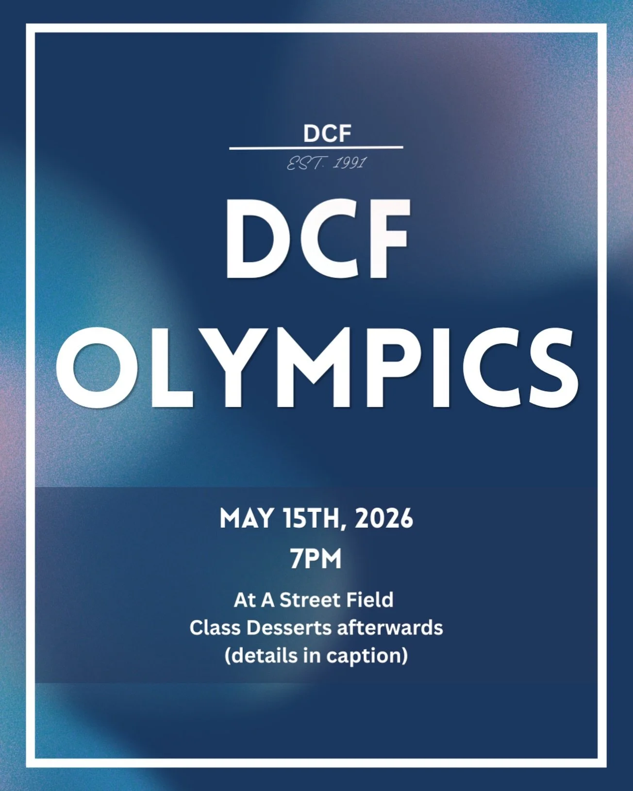 DCF Olympics is this Friday!! This is our official start to our spring retreat, but everyone is welcome to come join us. 

We have six (maybe seven) games planned for you and the competition is about to be electric ⚡️ We will have different types of 