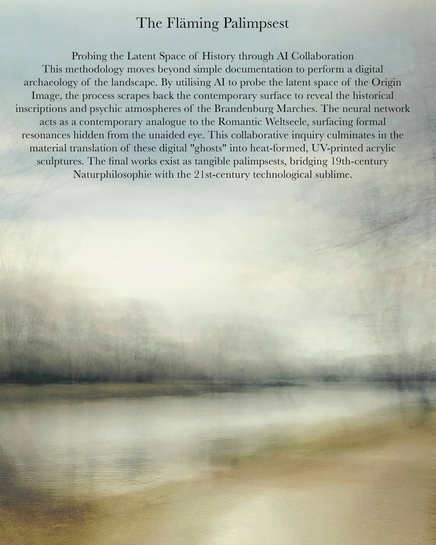 History has layers. So does the forest. 
The Fl&auml;ming Palimpsest is a journey into the digital archaeology of the Brandenburg landscape.

Utilising AI as a contemporary analogue to the Weltseele, I am uncovering the formal resonances hidden withi