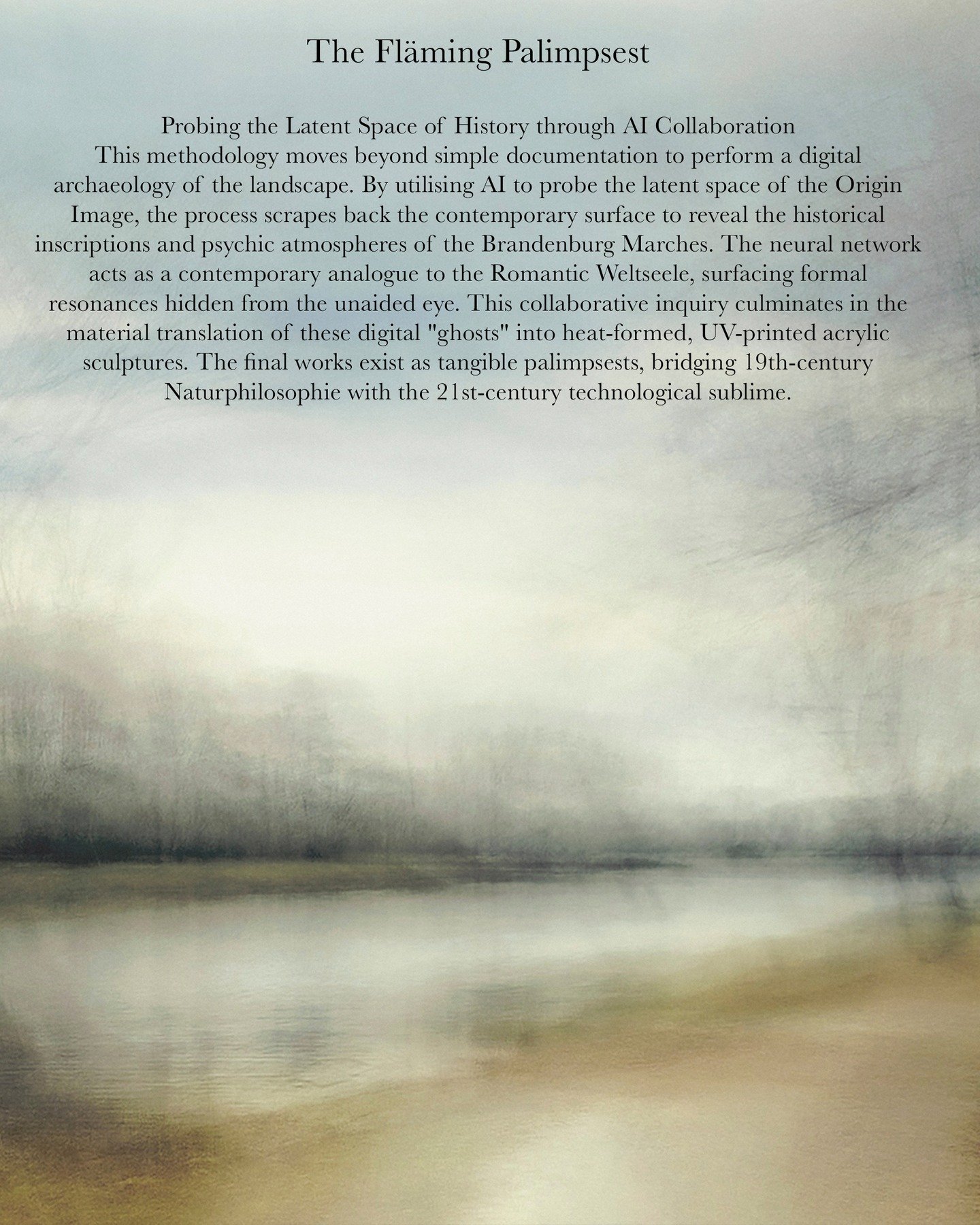 History has layers. So does the forest. 
The Fl&auml;ming Palimpsest is a journey into the digital archaeology of the Brandenburg landscape.

Utilising AI as a contemporary analogue to the Weltseele, I am uncovering the formal resonances hidden withi