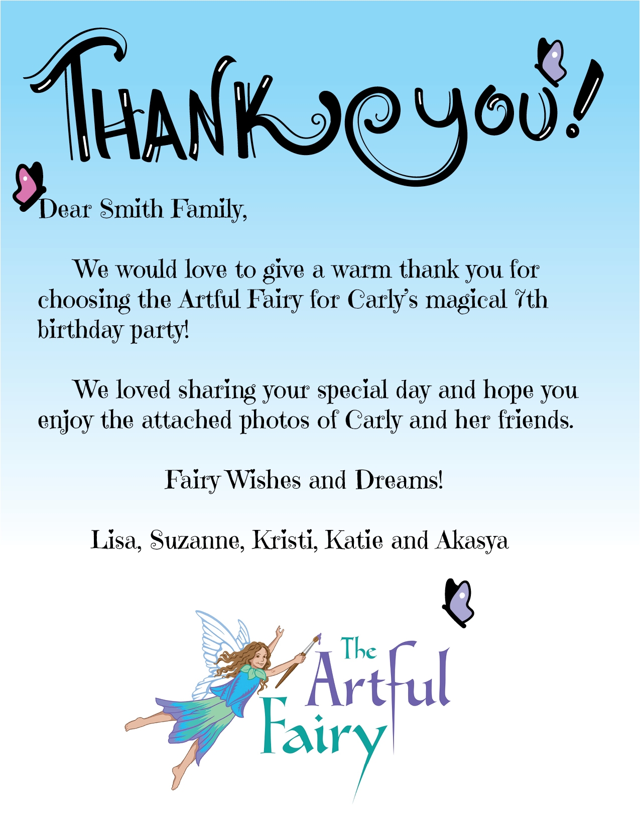 Birthday Thank You Card for The Artful Fairy