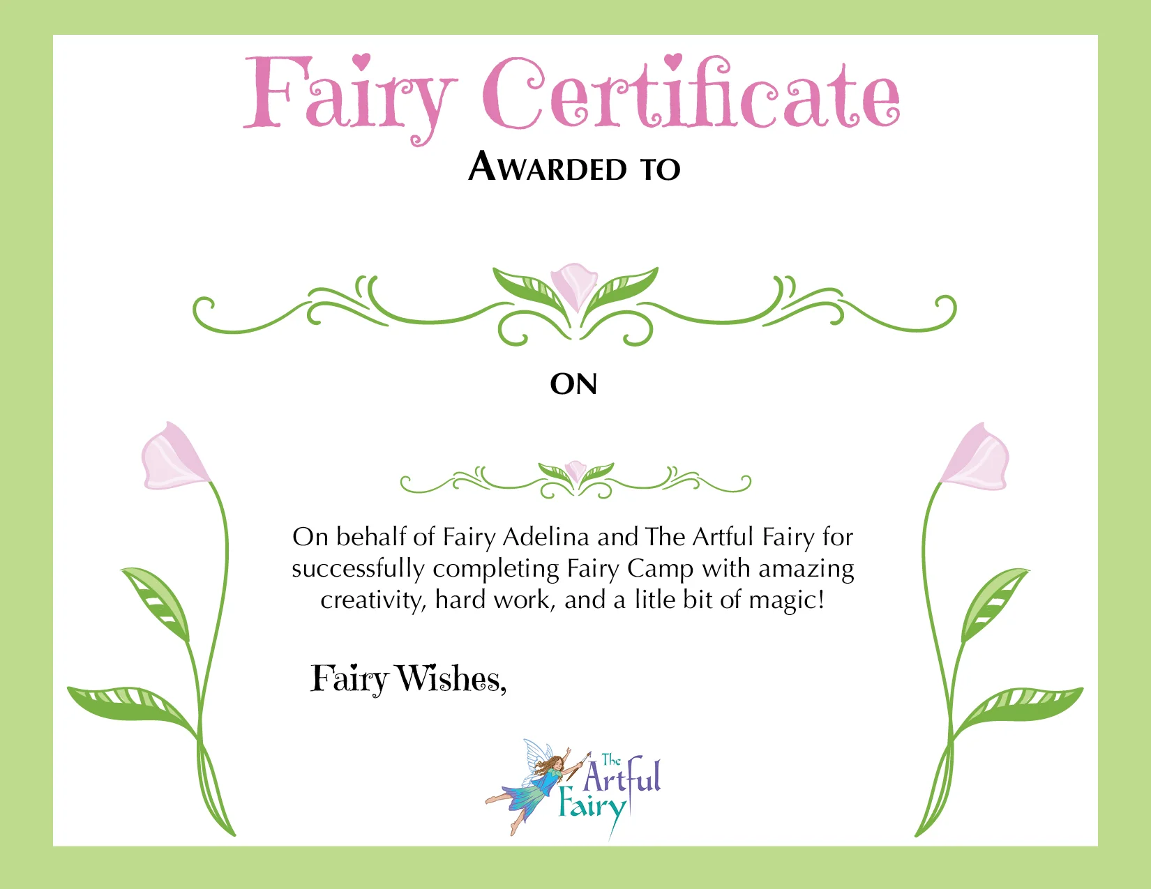 Fairy Camp Certificate for The Artful Fairy