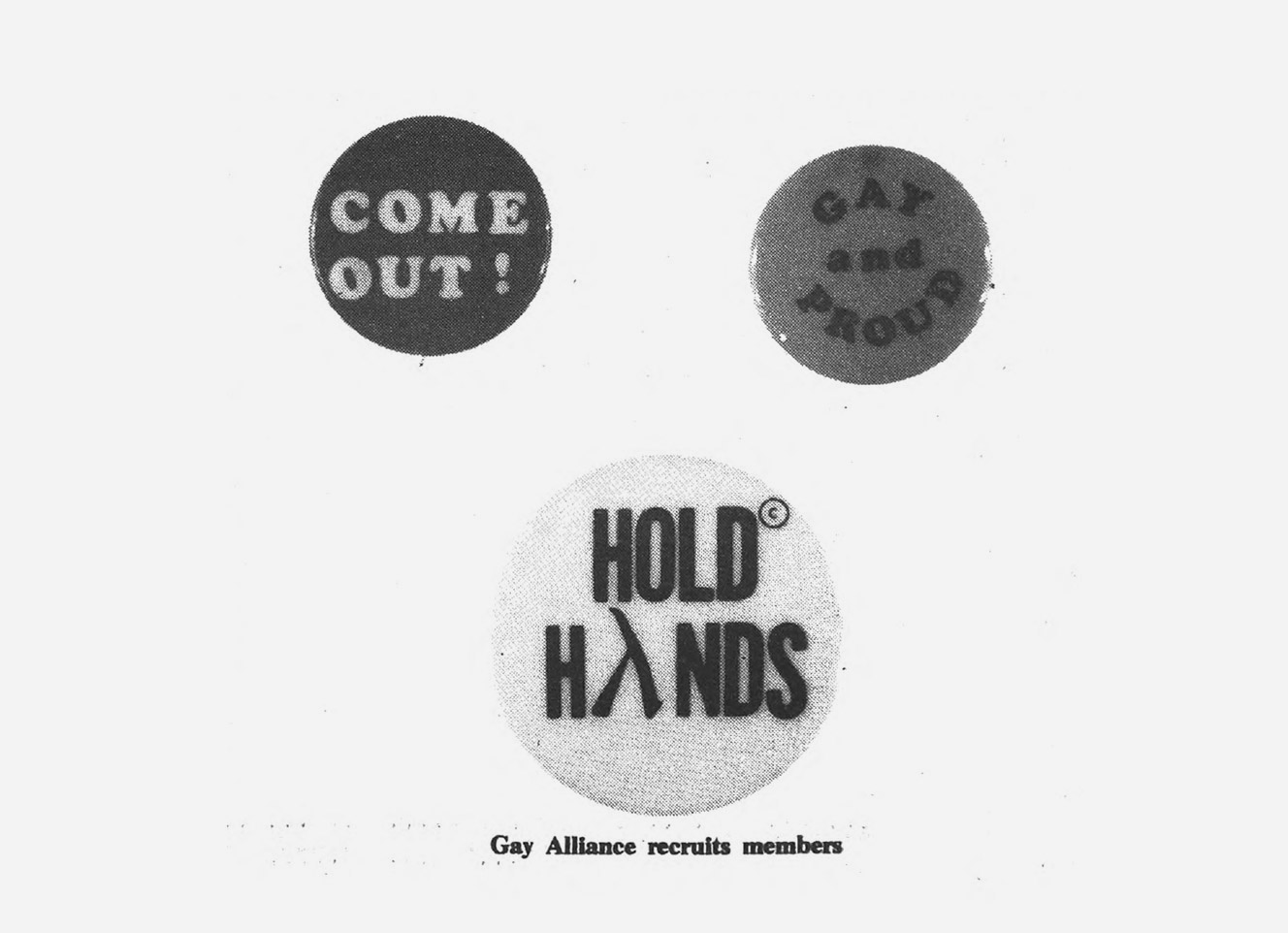 Pins from the Gay Alliance at Princeton in 1972.