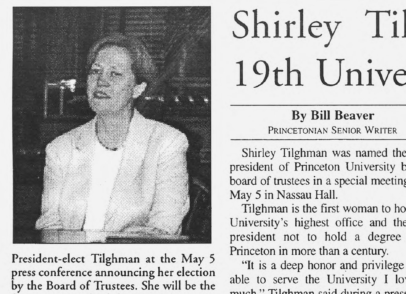Daily Princetonian clipping featuring Shirley M. Tilghman, the first woman to be named president of the University.