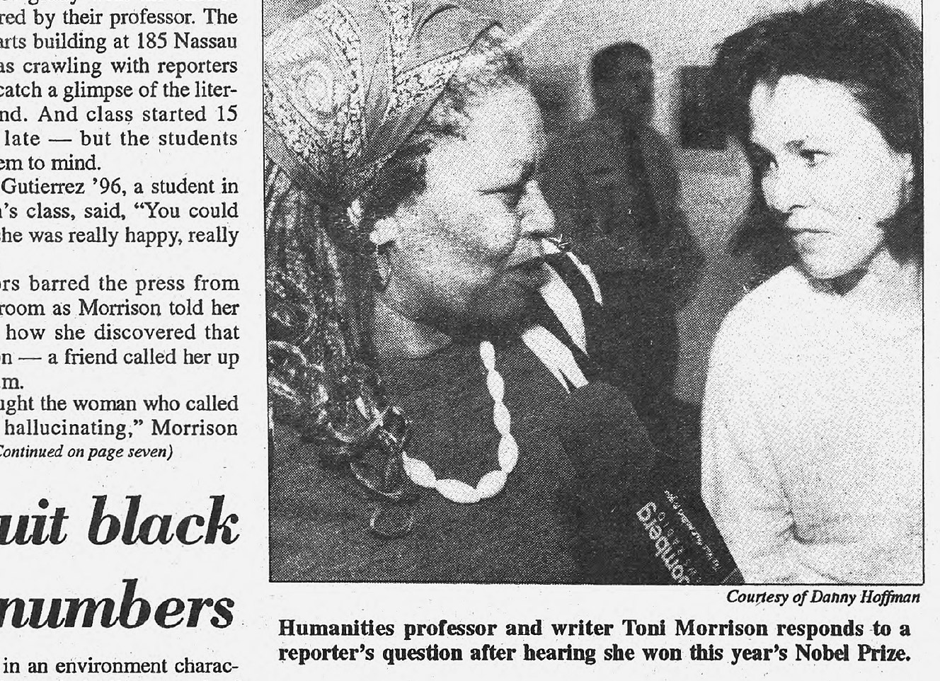 Daily Princetonian clipping featuring Toni Morrison, Nobel Prize winner.