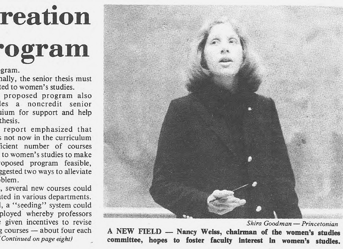 Daily Princetonian clipping featuring Nancy Malkiel, then chairwoman of the Women's Studies Committee.