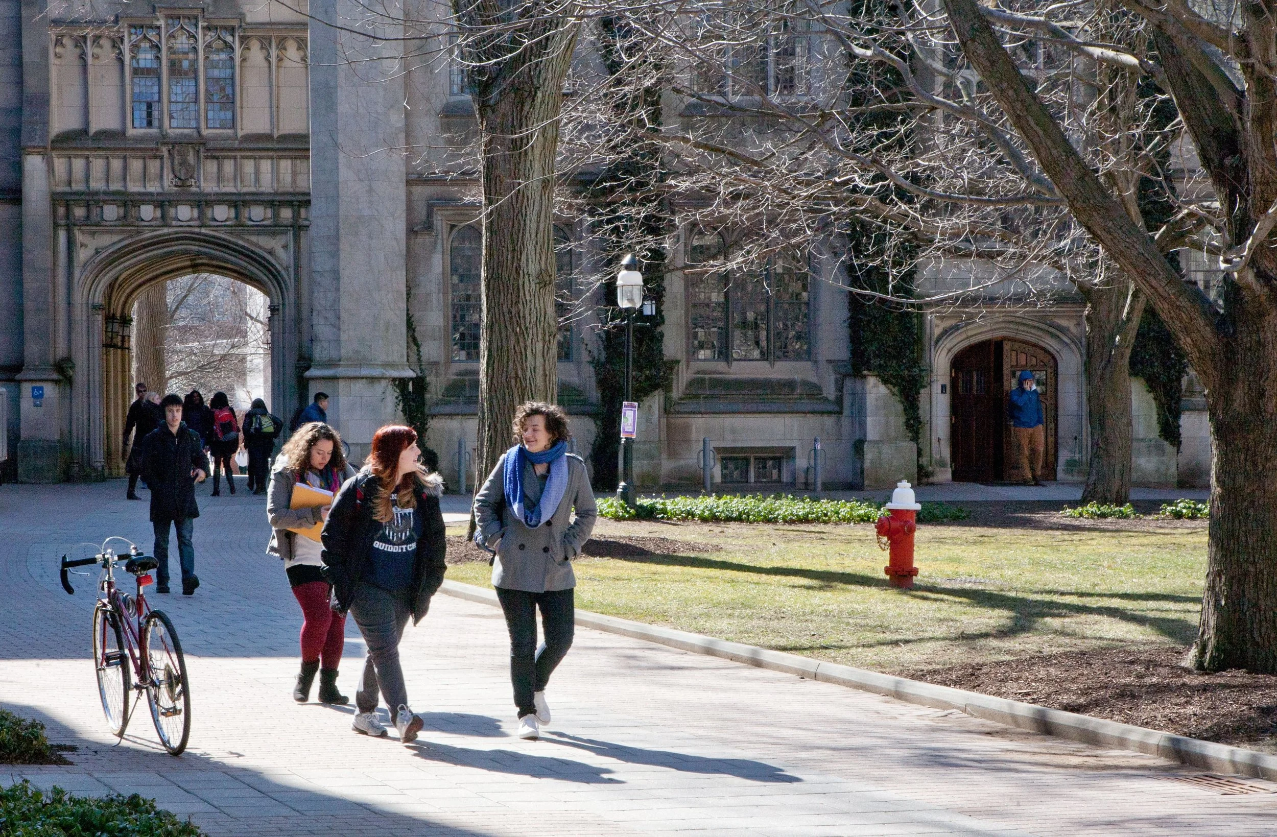 Women students walking and conversing on a sunny Princeton campus.