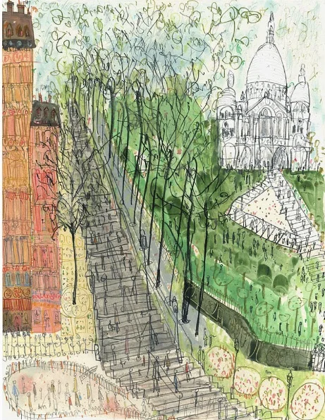 This beautiful artwork is called Sacre Coeur Paris Steps Montmartre, and it is a Limited Edition Art Print or a Watercolour Painting, by a lovely artist called Clare Caulfield. Her work can be viewed on her Etsy page www.etsy.com/au/listing/213693703/
