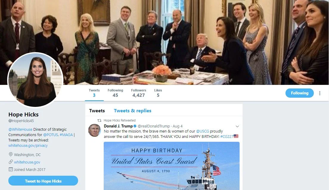 Looking for Hope Hicks, Communications Director for POTUS?