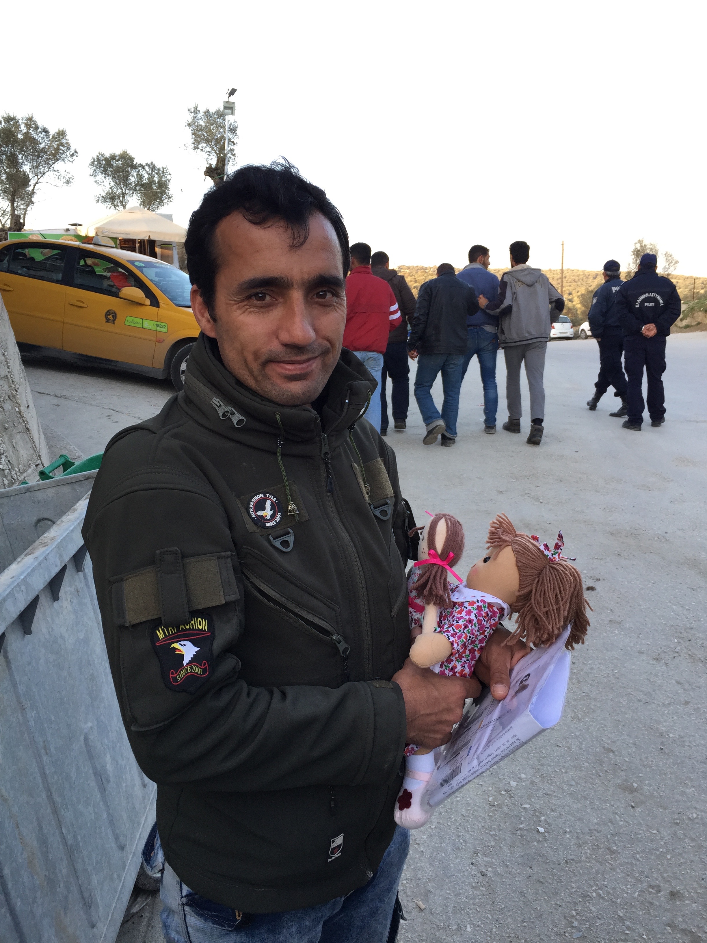In February 2016, We met this gentleman from Aleppo who was travelling with his wife and 2 daughters under the age of 5. We bought their tickets for the boat to Athens and provided some money to help him continue his journey through Greece. The dolls were donated by my 4 year old daughter.