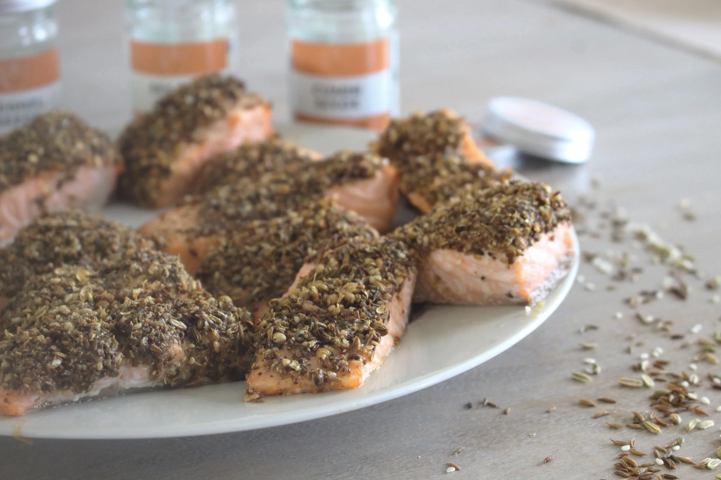 Dukka Salmon with sumac sauce