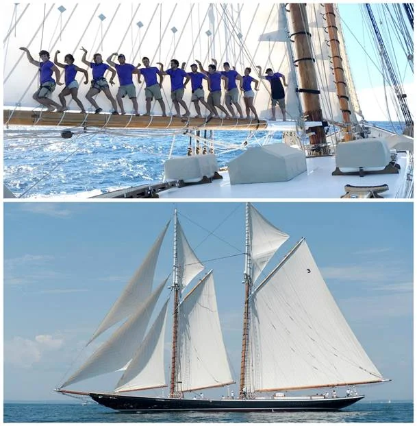 One of the most storied yachts at the Newport Charter Yacht Show, the 141’ sailing schooner Columbia , shown by Classic-Charters, sails with eight crew for cruising charters and up to 20 crew for racing charters. (Top photo courtesy of Classic-Charters; bottom photo credit Mark Krasnow Photography)