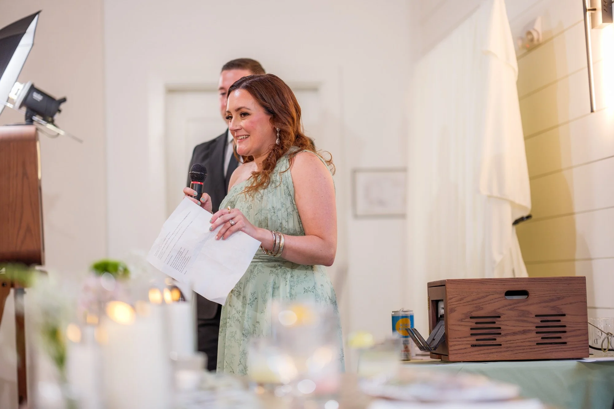 Wedding reception speech inside Hyla Brook Estate in Derry, New Hampshire