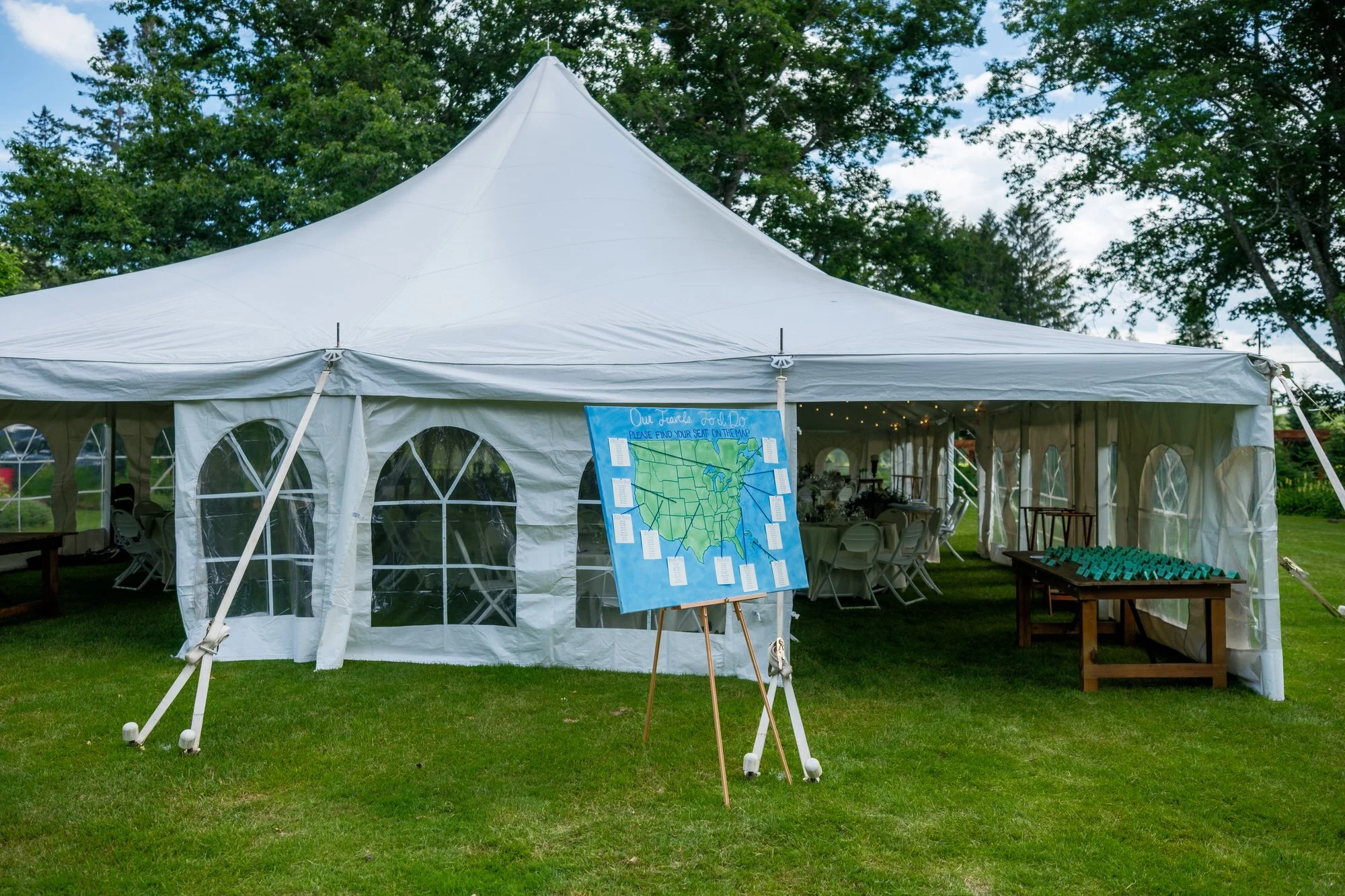 White wedding reception tent on the lawn at Lake Morey Resort in Vermont