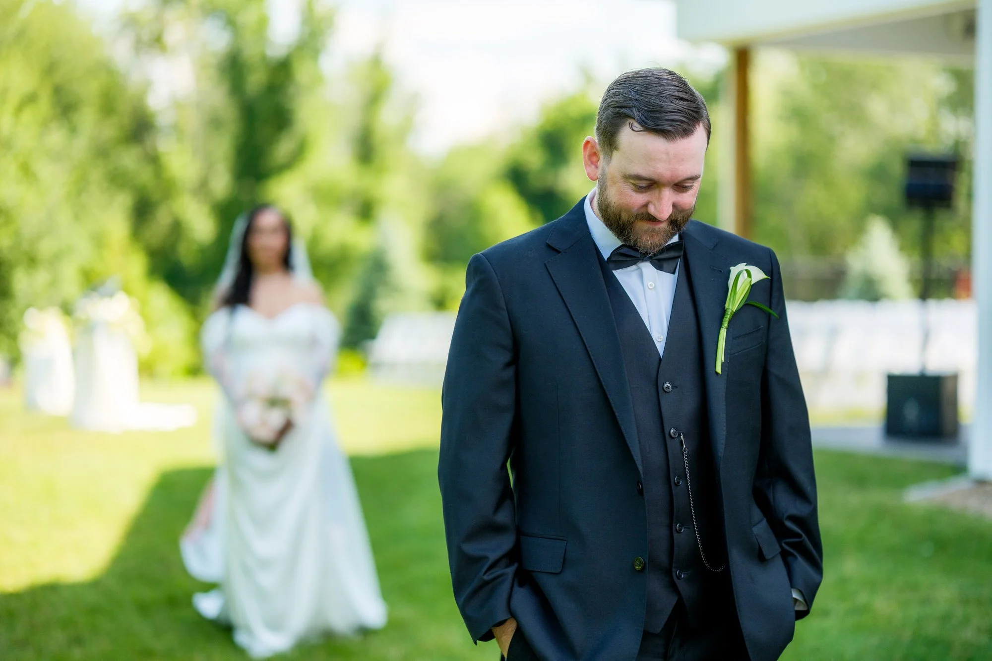 Groom waiting for the first look at Hyla Brook Estate in Derry, New Hampshire