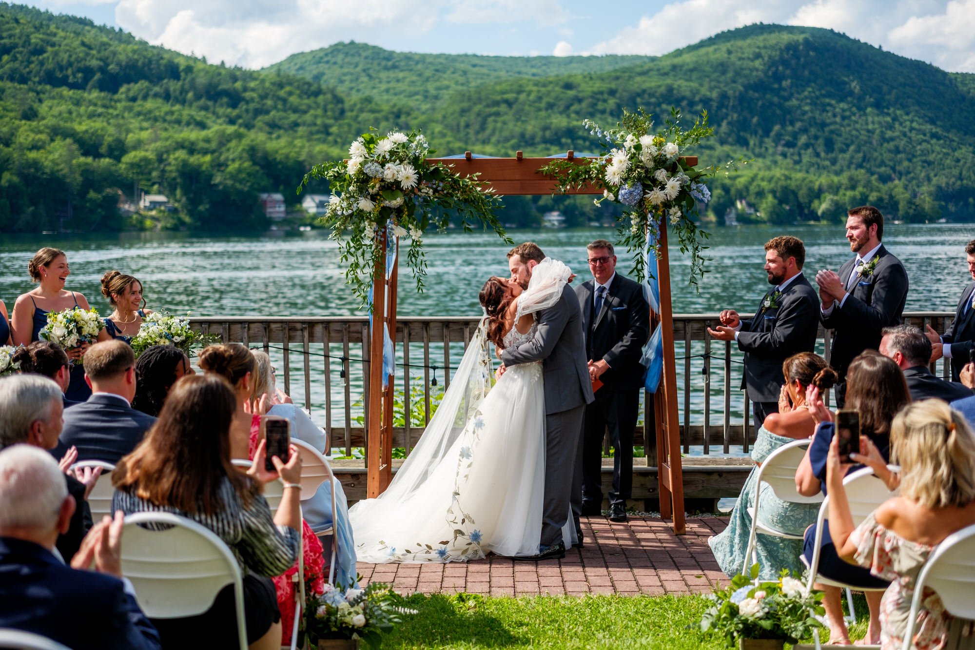 Wide view of Lake Morey Resort wedding ceremony overlooking the Vermont lake