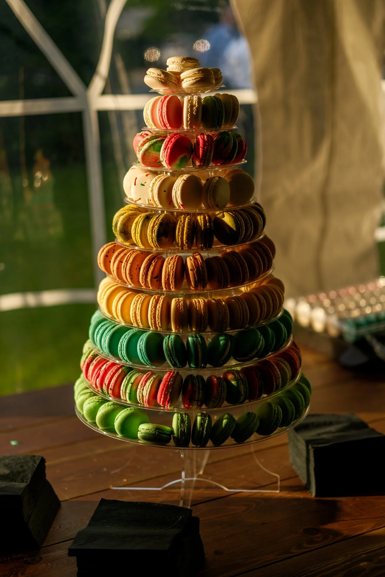 Colorful macaron wedding tower dessert at Lake Morey Resort reception